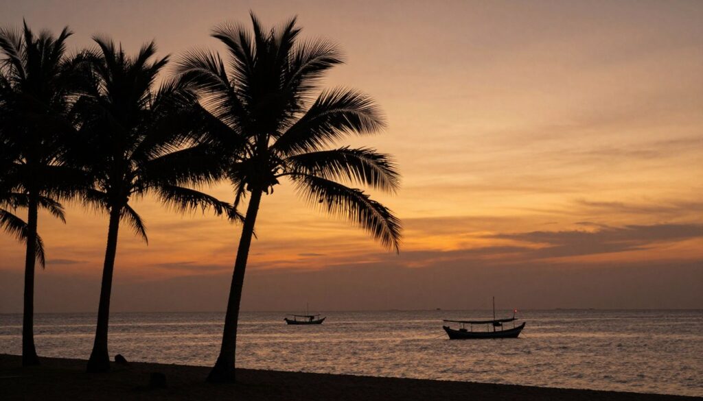 Sunset at Medewi Beach with silhouetted palm trees