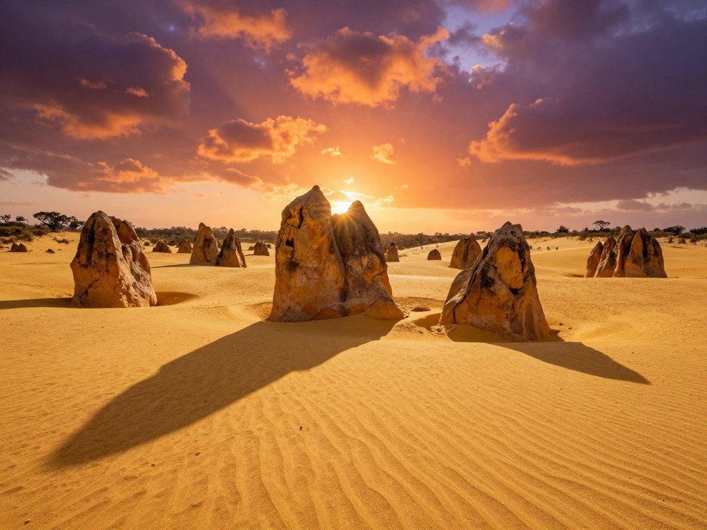 Sunset at Pinnacles Desert with golden light on limestone formations