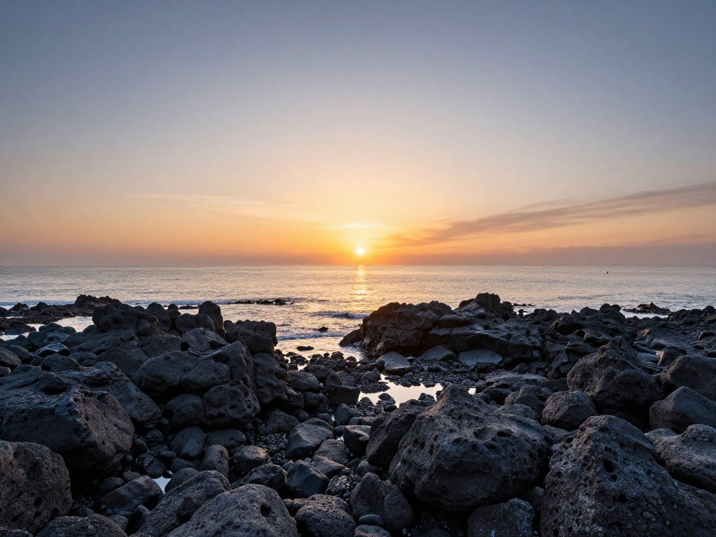 Sunset at western Jeju beach with volcanic rocks