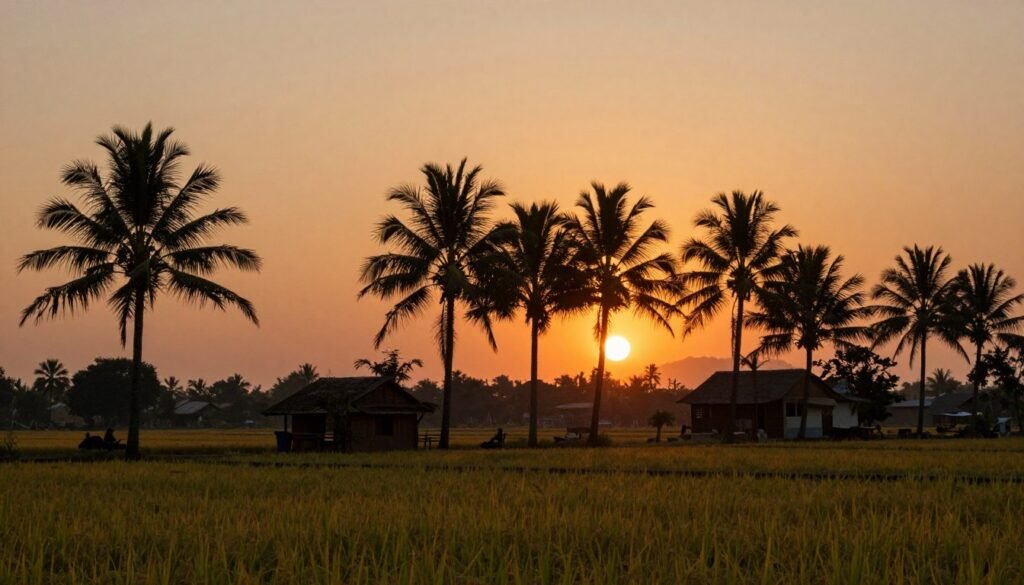 Sunset over Cambodian countryside with palm trees and rice fields