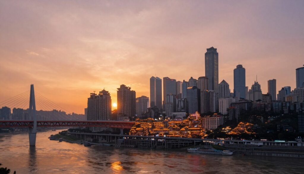 Sunset over Chongqing with golden light on buildings and rivers