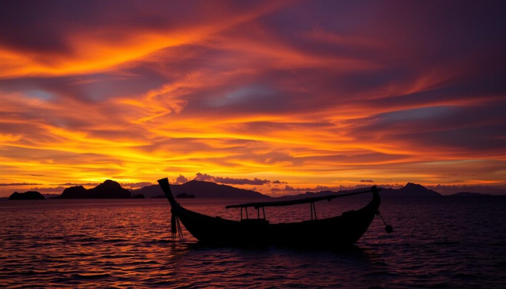 Sunset over Indonesian islands with traditional boat silhouette - Indonesia travel guide