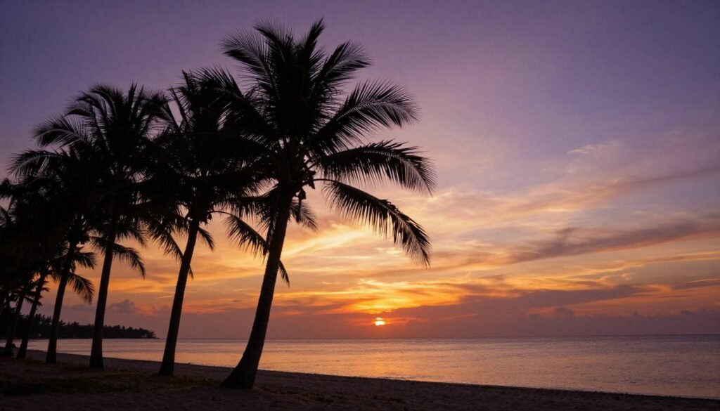 Sunset over Long Beach with silhouettes of palm trees