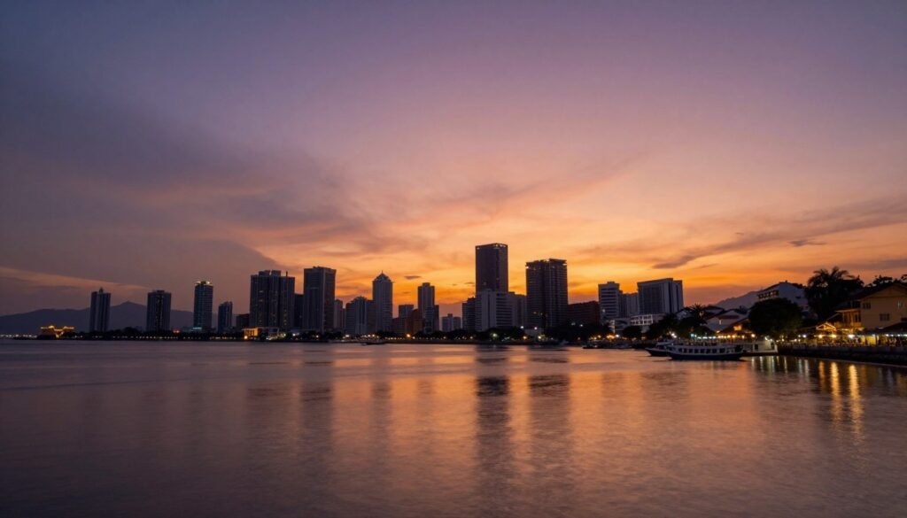 Sunset over Penang coastline with city lights beginning to glow
