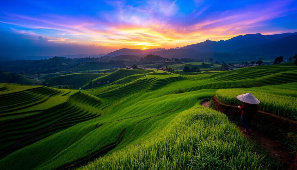Sunset over rice terraces in Vietnam with farmers in conical hats - Vietnam Travel Guide