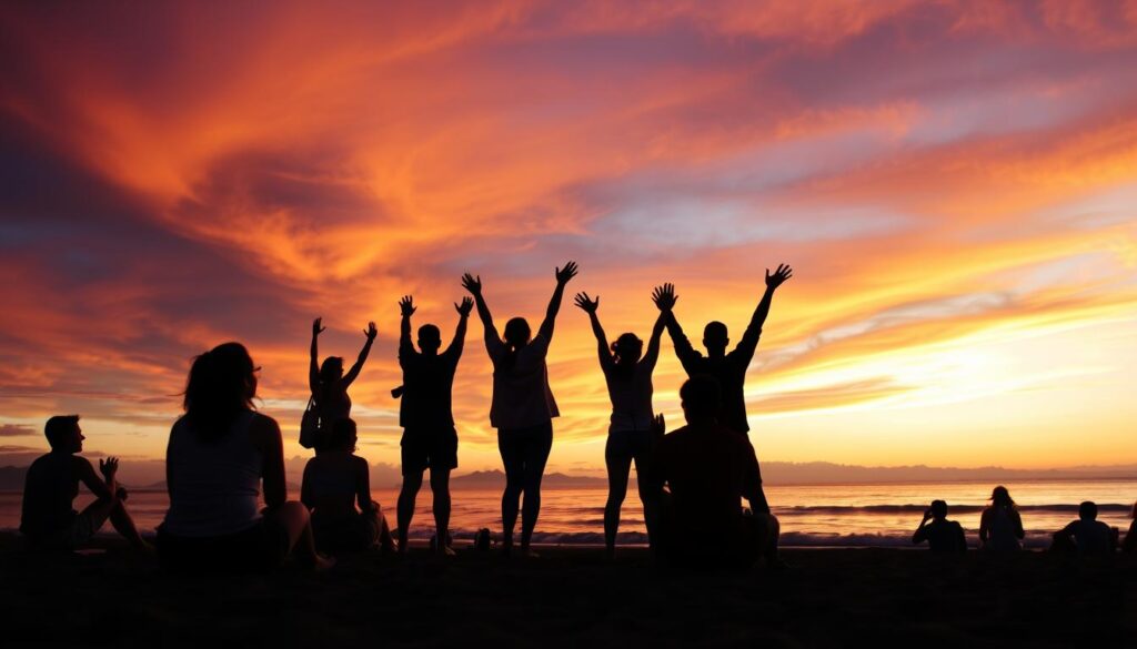 Sunset silhouette of travelers on a Bali beach - Bali travel guide