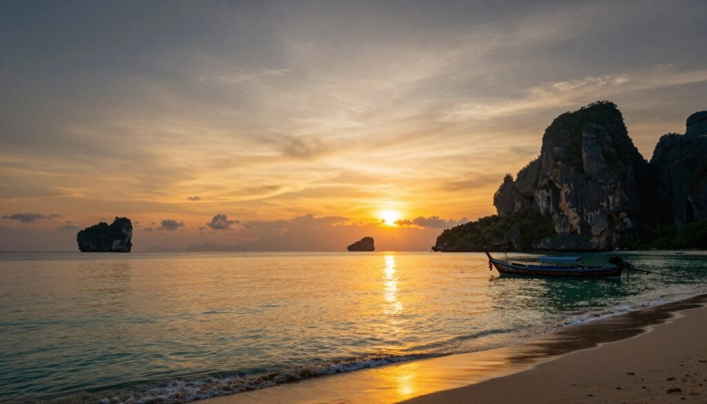 Sunset view from Krabi beach with silhouetted limestone cliffs