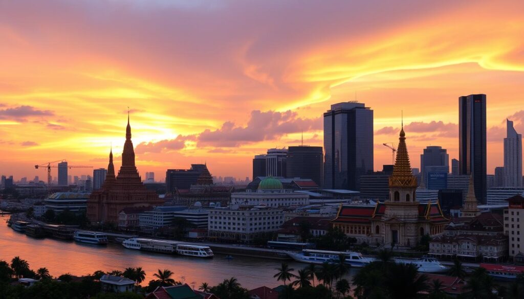 Sunset view of Bangkok skyline with temples and modern buildings - Complete travel guide to Bangkok
