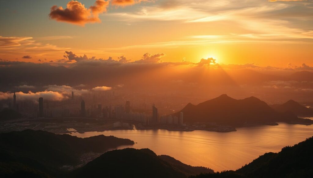 Sunset view of Taiwan's diverse landscape showing mountains, city, and coast