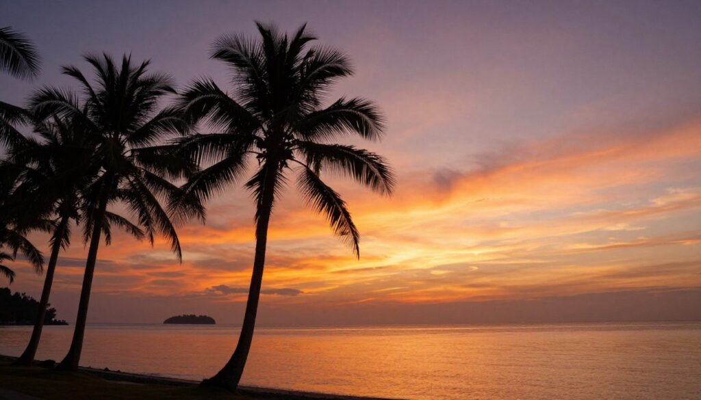 Sunset view over Koh Samui palm trees and ocean