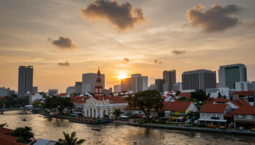 Sunset view over Malacca old town showing heritage skyline