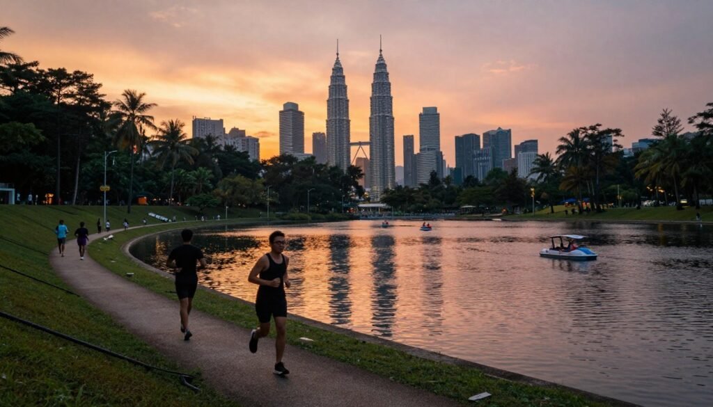 Sunset view over Titiwangsa Lake with Kuala Lumpur skyline in background