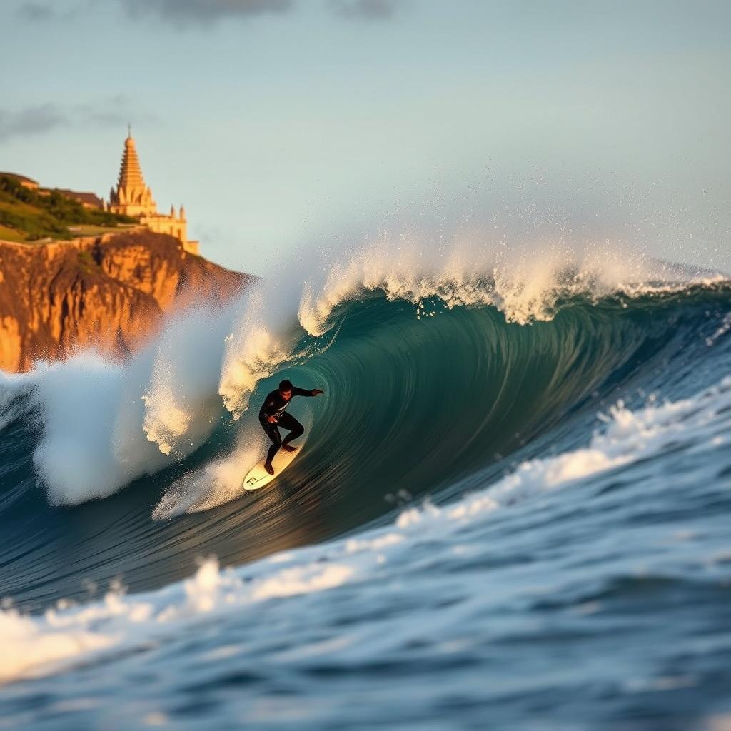 Surfer riding a perfect wave at Uluwatu, Bali with clifftop temple in background - Indonesia travel guide