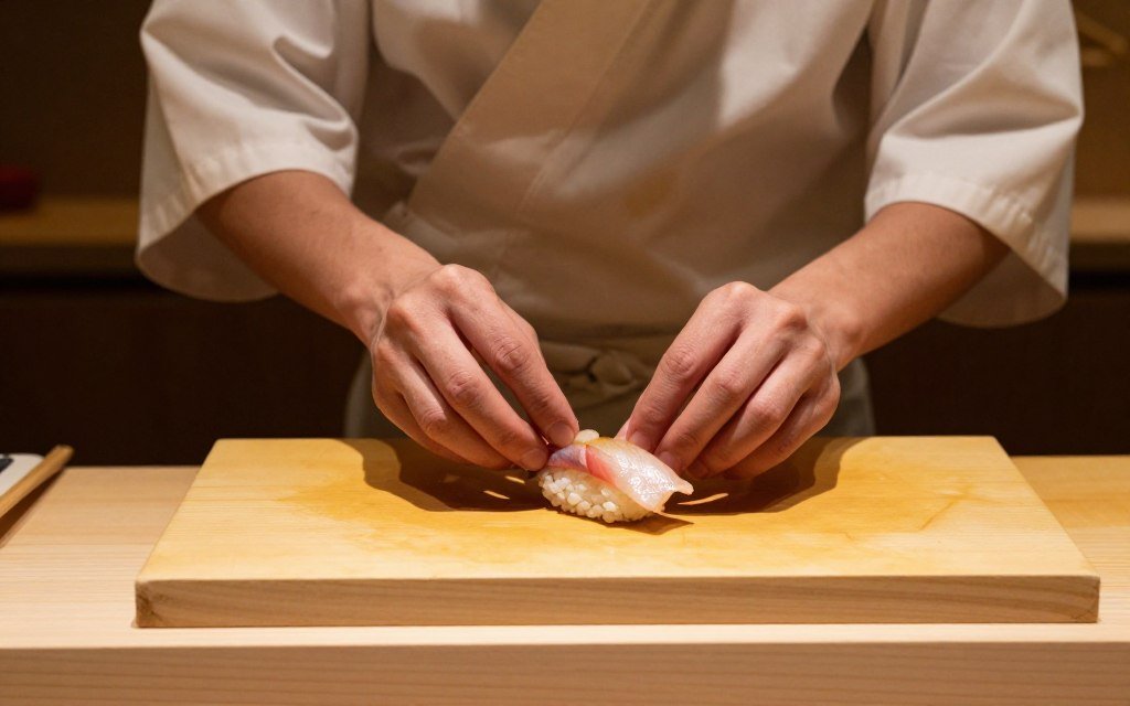 Sushi chef preparing nigiri at traditional counter