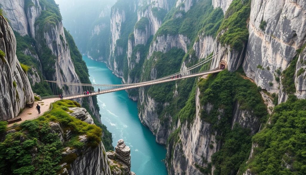 Suspension bridge crossing the dramatic marble cliffs of Taroko Gorge
