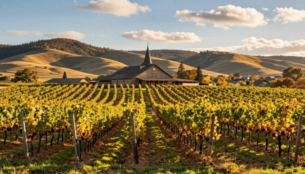 Swan Valley vineyard rows with grapevines and winery building in background