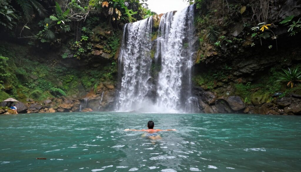 Swimming in Banyumala waterfall pool with twin cascades