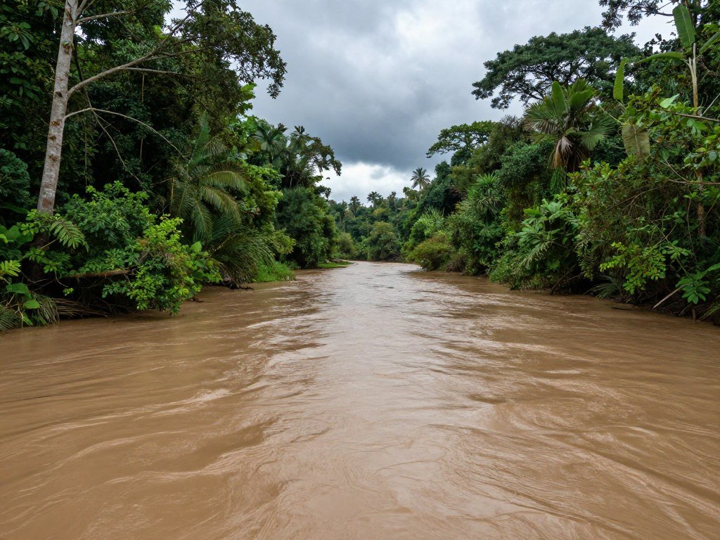 Swollen river in Sarawak during wet season