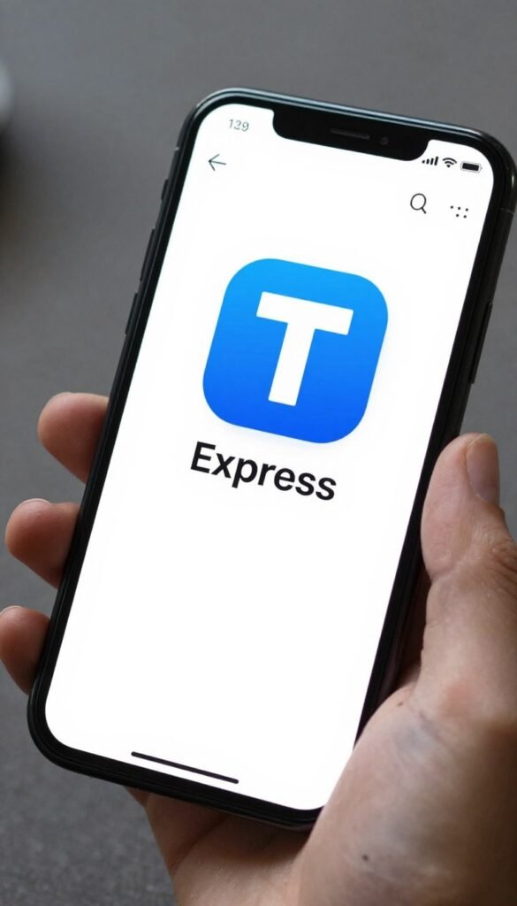 T Express app icon and smartphone showing app interface