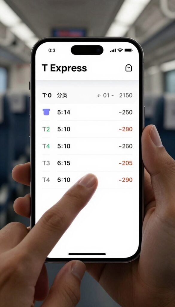 T Express booking interface showing train schedule