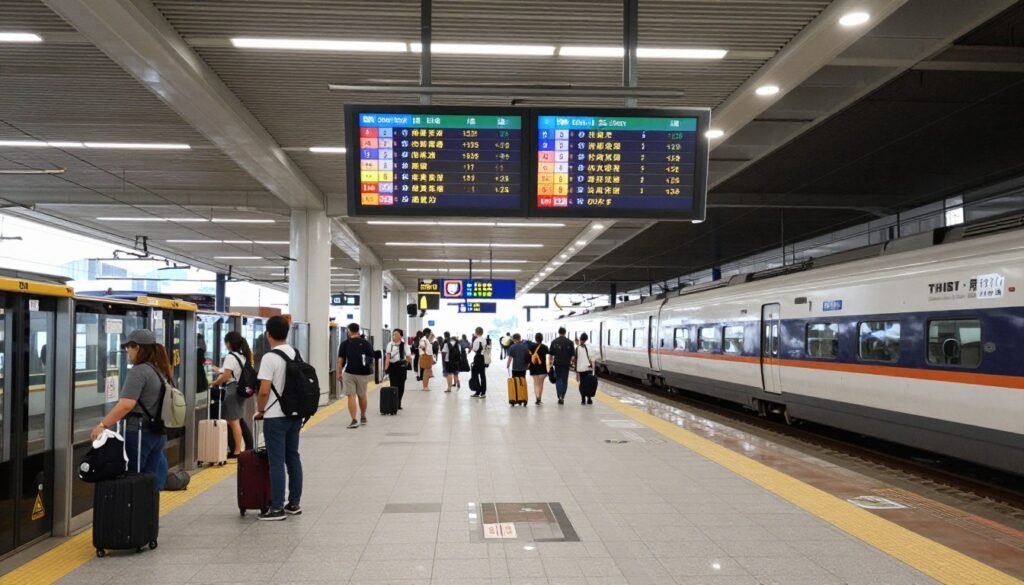 THSR platform with train arrival and platform number signs