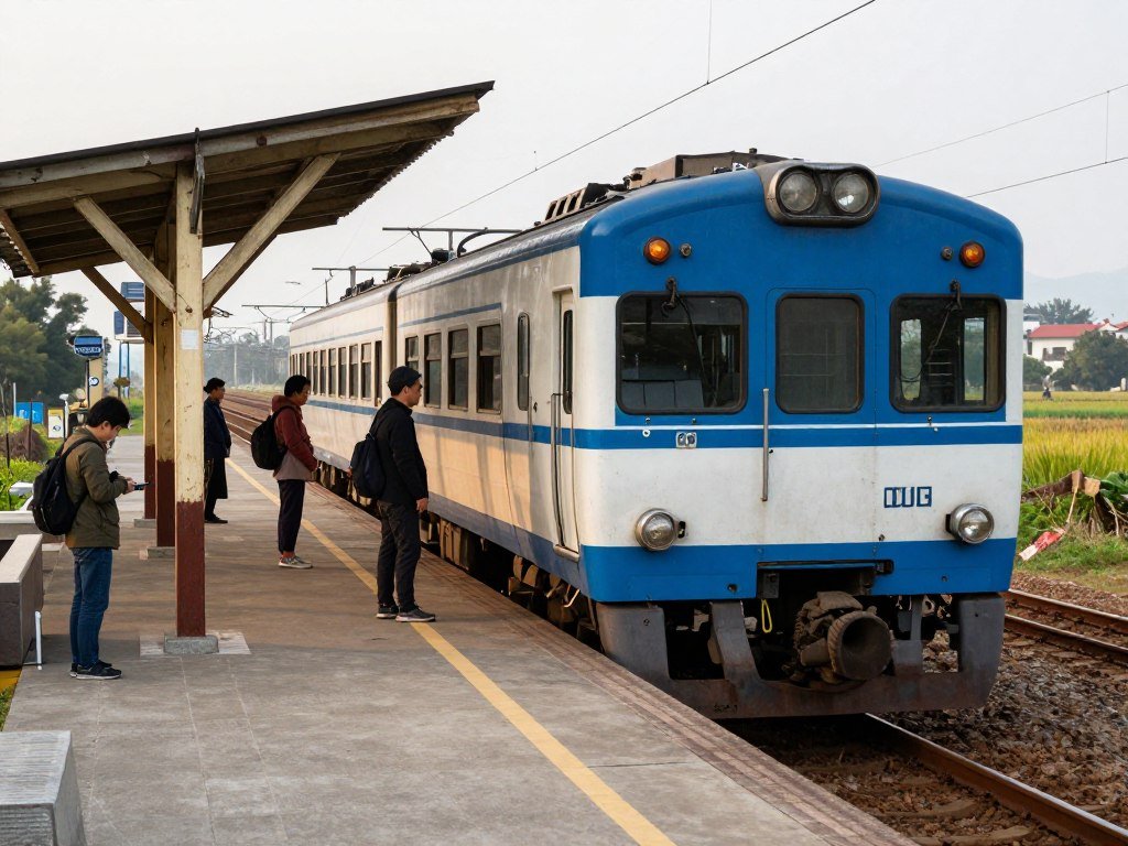 TRA traditional train at countryside station platform