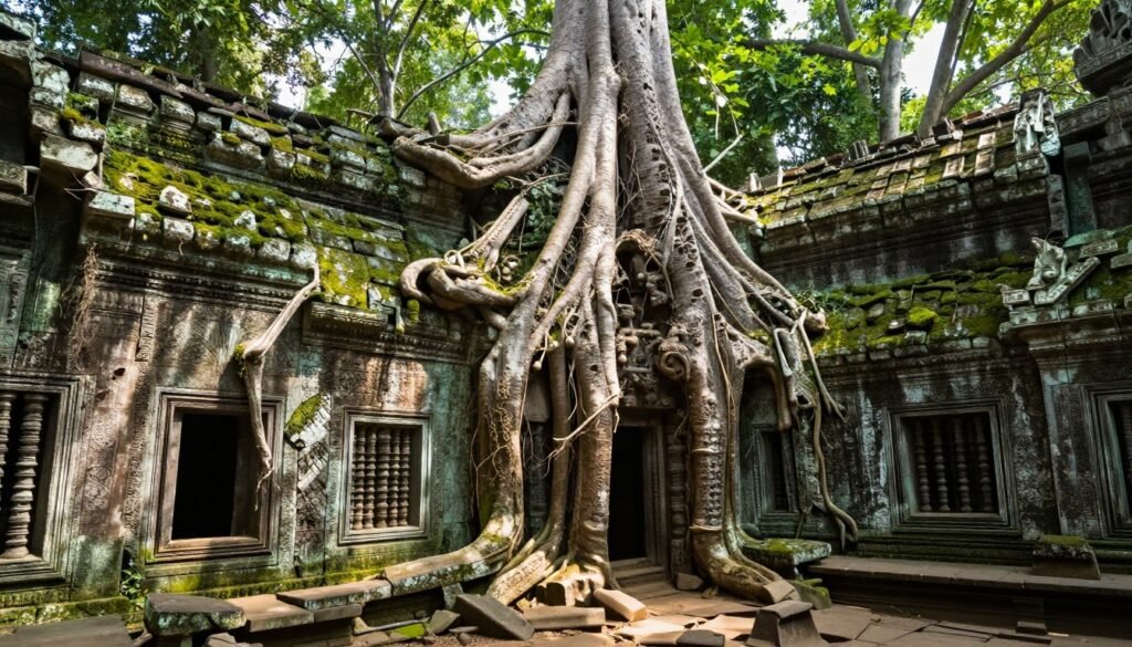 Ta Prohm temple with massive tree roots growing over ancient stone ruins