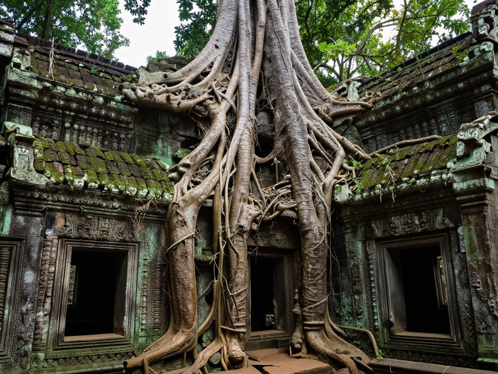 Ta Prohm temple with massive tree roots growing over stone structures