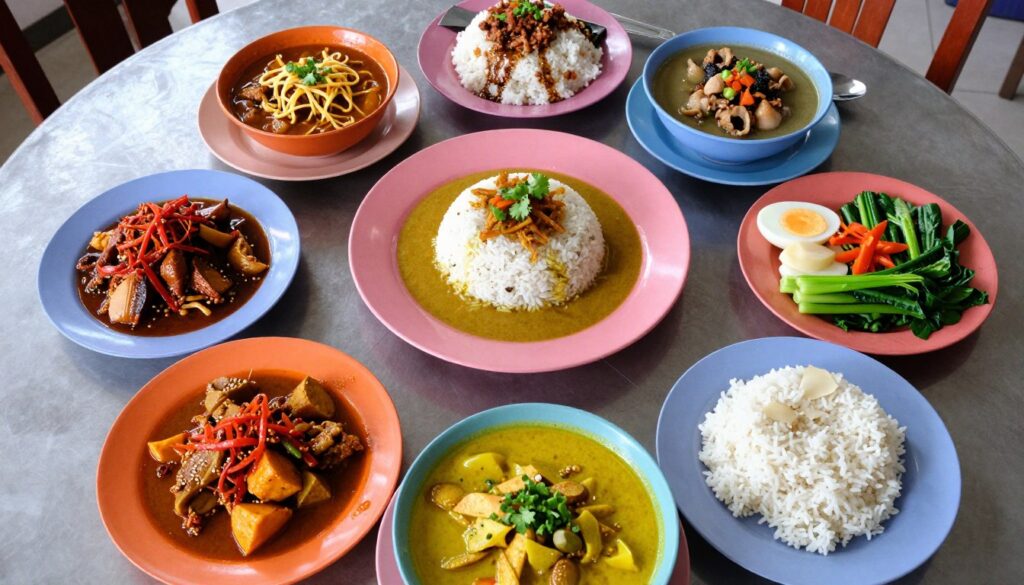 Table spread of traditional Nyonya dishes in Malacca restaurant