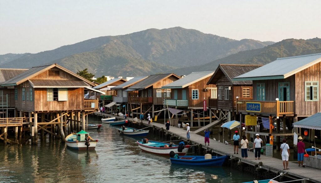 Tai O fishing village stilt houses over water with traditional boats