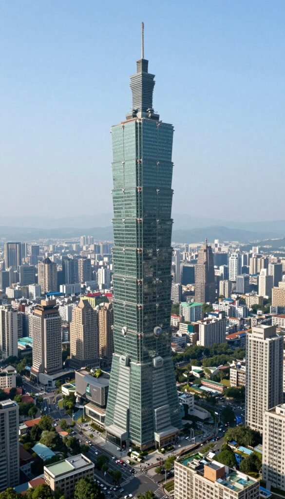Taipei 101 observatory deck view during daytime showing the city sprawling below Taipei 101 observatory deck view during daytime showing the city sprawling below