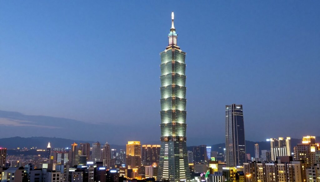 Taipei 101 tower illuminated at night against city skyline