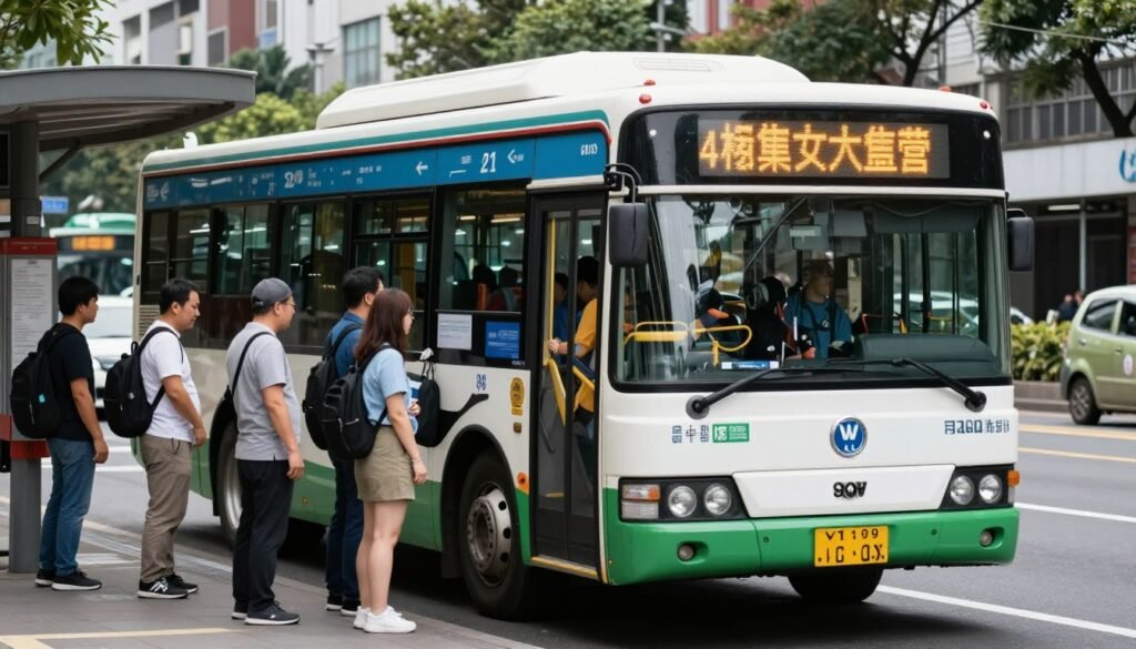 Taipei city bus at stop with passengers boarding Taipei city bus at stop with passengers boarding