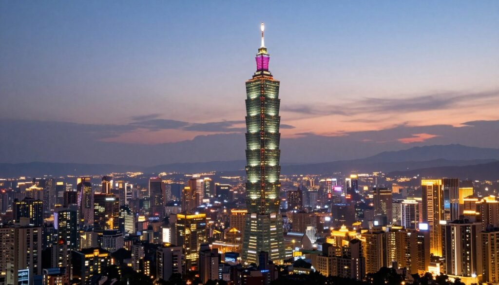Taipei city skyline at dusk with lights beginning to glow