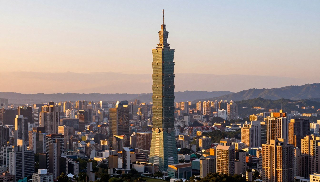 Taipei city skyline featuring Taipei 101 tower against mountain backdrop at sunset