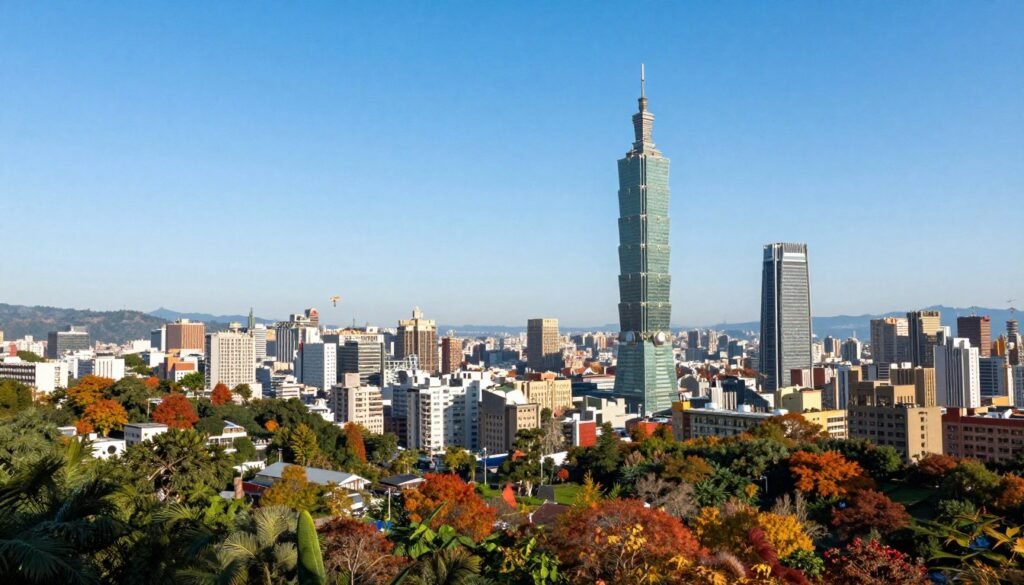 Taipei cityscape during autumn with clear blue skies