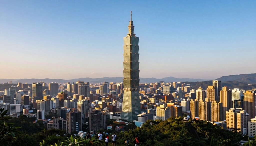 Taipei cityscape from Elephant Mountain hiking trail showing Taipei 101