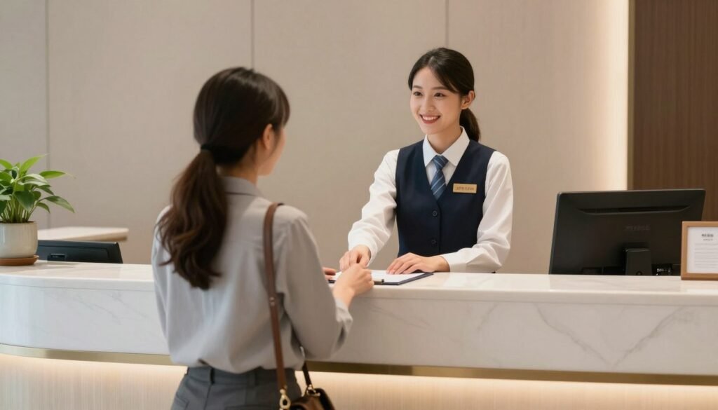 Taipei hotel reception desk with friendly staff assisting guest Taipei hotel reception desk with friendly staff assisting guest