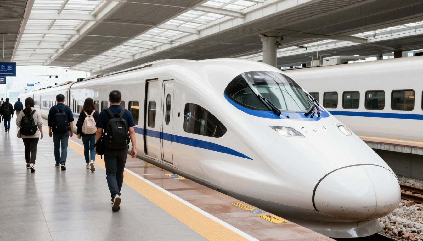 Taiwan High Speed Rail train at platform with travelers boarding