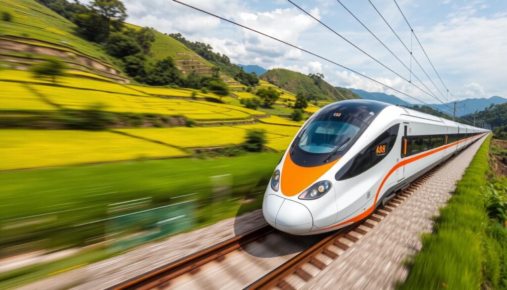 Taiwan High Speed Rail train passing through scenic countryside