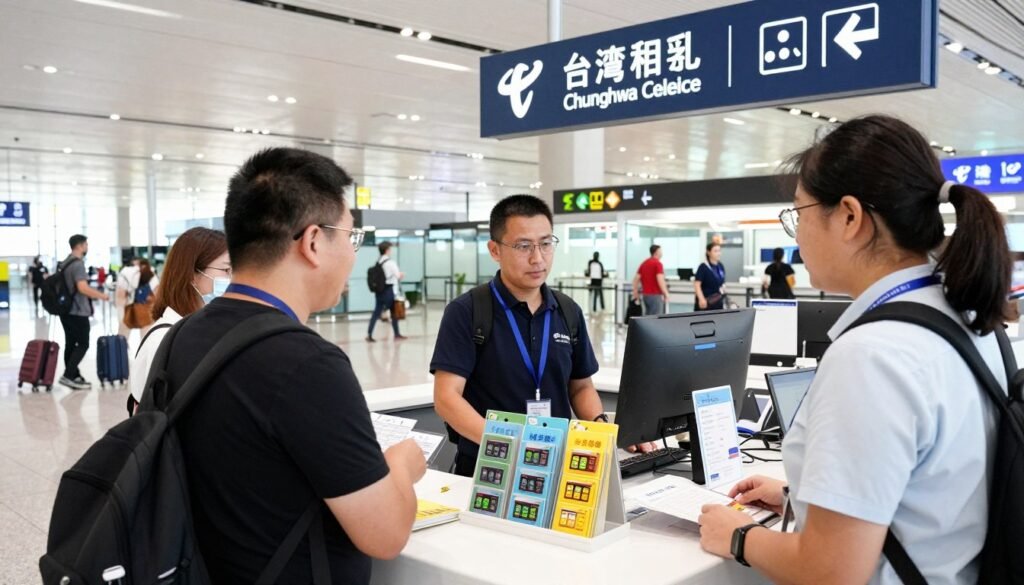 Taiwan Mobile counter at Taoyuan Airport arrivals terminal with tourists purchasing SIM cards Taiwan Mobile counter at Taoyuan Airport arrivals terminal with tourists purchasing SIM cards