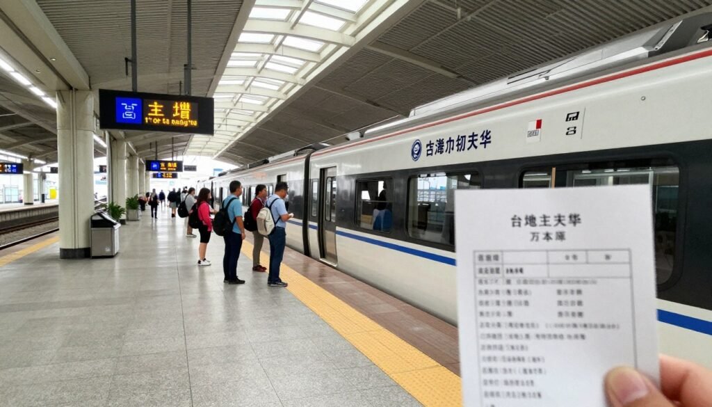 Taiwan Railways train at platform in Taipei Main Station showing route to Ruifang