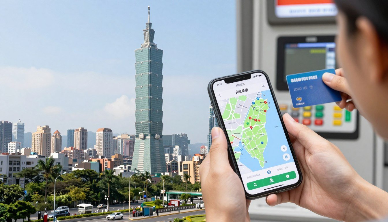 Taiwan cityscape showing Taipei 101 with tourist using smartphone and payment terminal