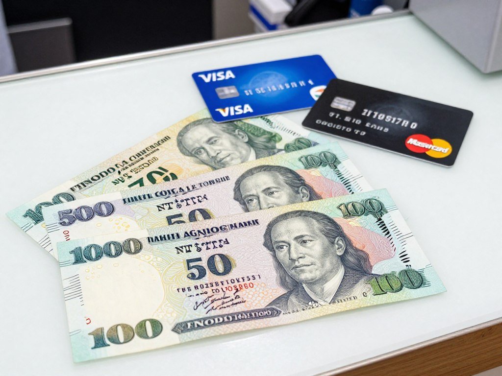 Taiwan currency New Taiwan Dollar bills and coins with credit cards at convenience store