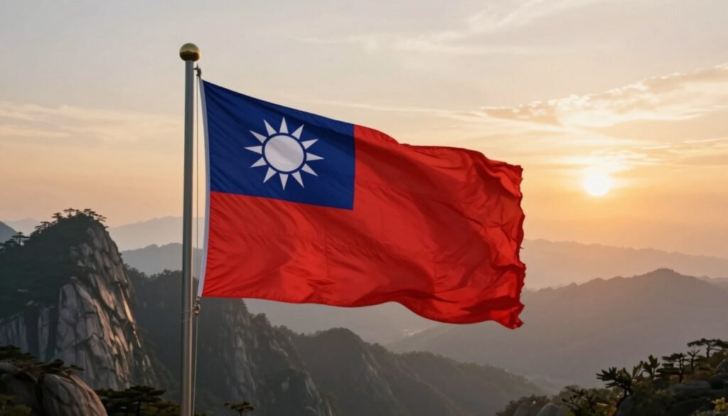 Taiwan flag waving with mountains in background at sunset