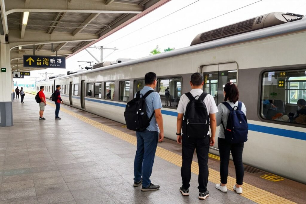 Taiwan local train at station platform with budget travelers boarding