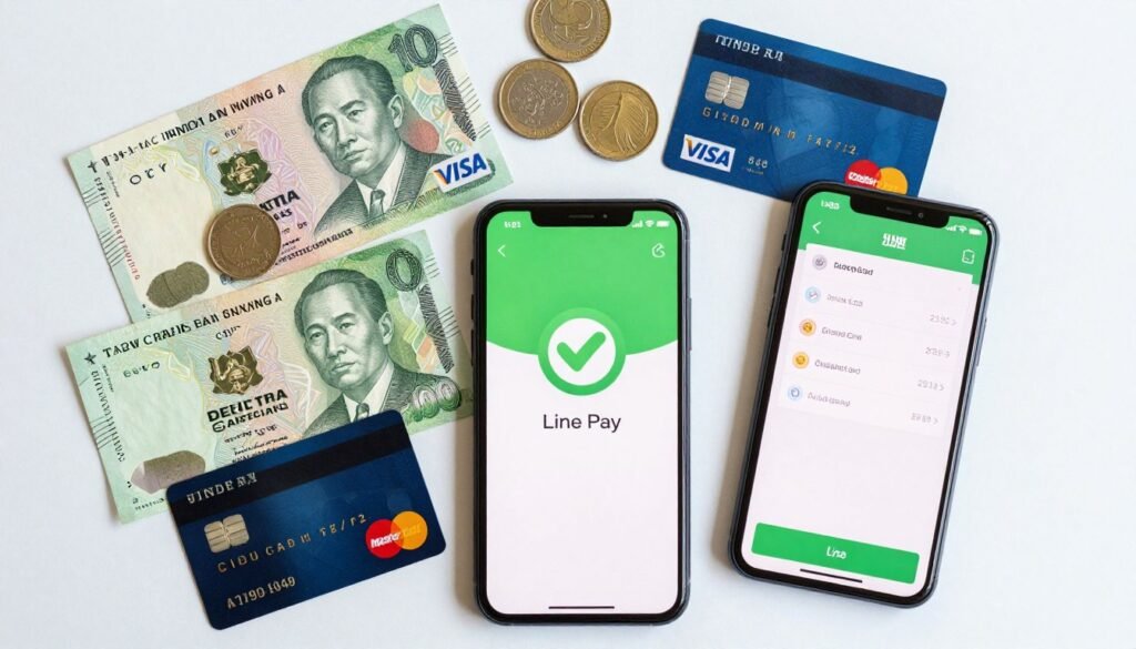 Taiwan payment options showing New Taiwan Dollar cash, credit cards, and mobile payment smartphone Taiwan payment options showing New Taiwan Dollar cash, credit cards, and mobile payment smartphone