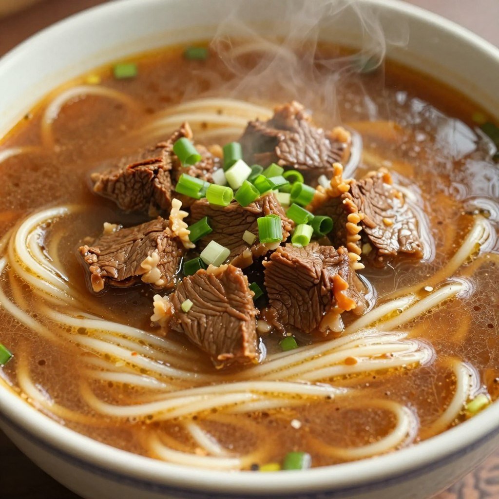 Taiwanese beef noodles in rich broth with tender meat Taiwanese beef noodles in rich broth with tender meat