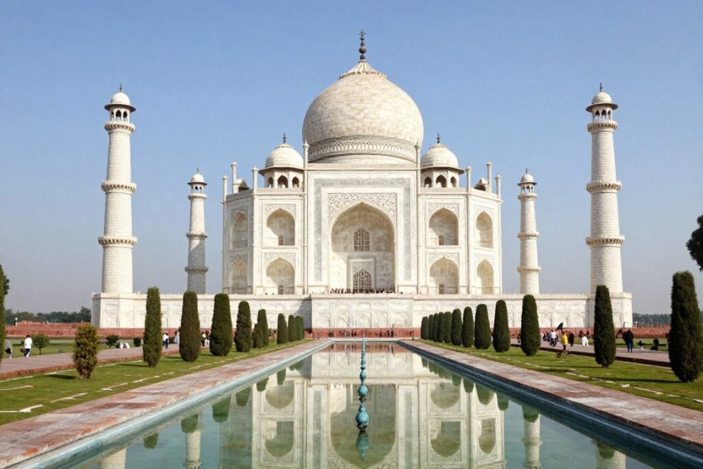 Taj Mahal white marble mausoleum with reflection pool and gardens