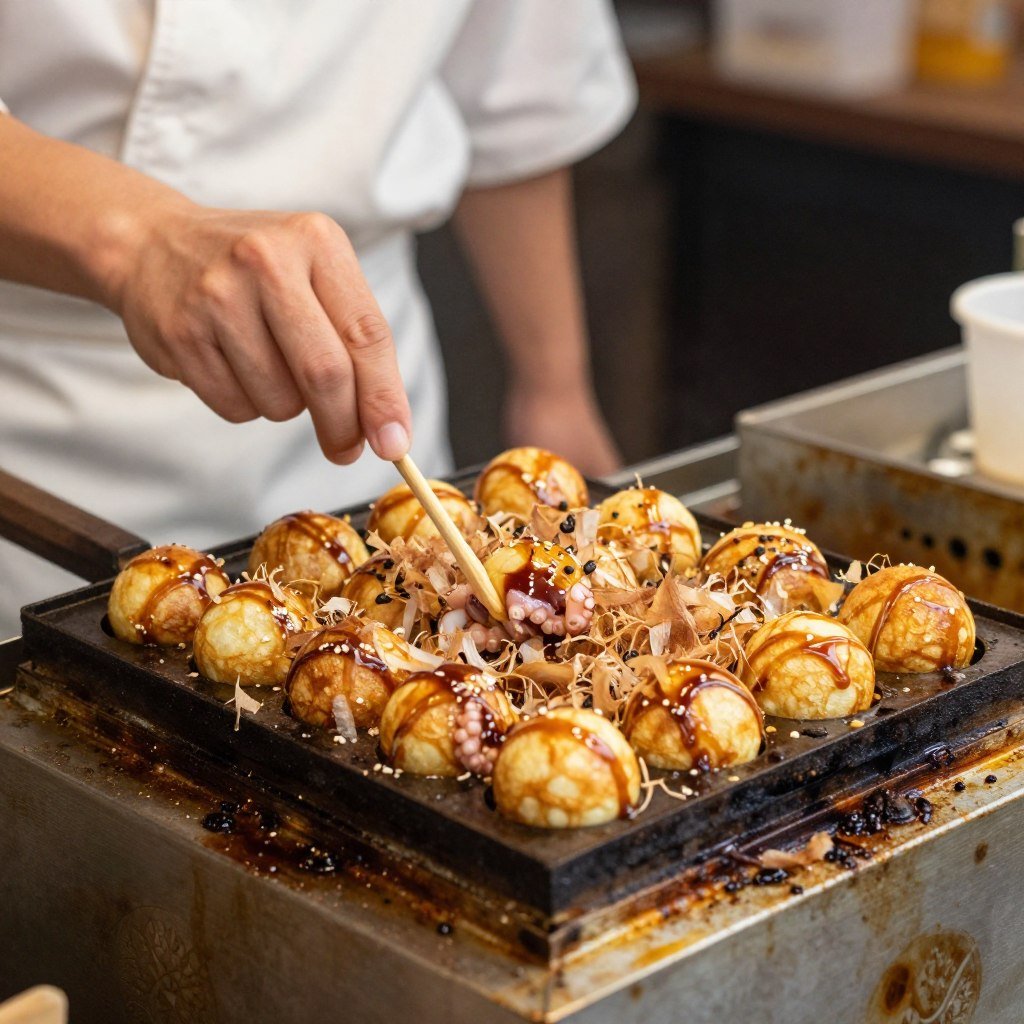 Takoyaki balls being prepared on special griddle